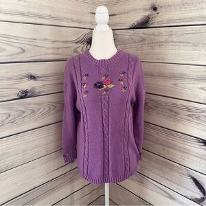 Vintage Northern Getaway Purple Floral Embroidered Cable Knit Sweater